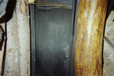 This is the outside of the front steel door with tree trunks in front